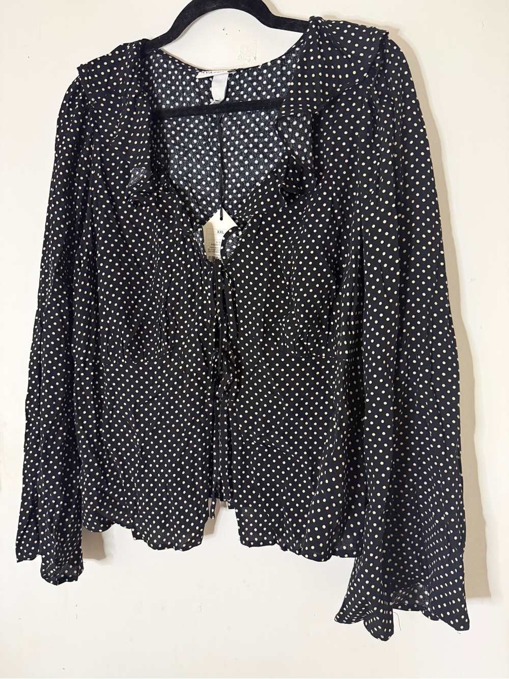 Ava & Viv Black Blouse with White Polka Dots and Tie Front (plus size) NWT